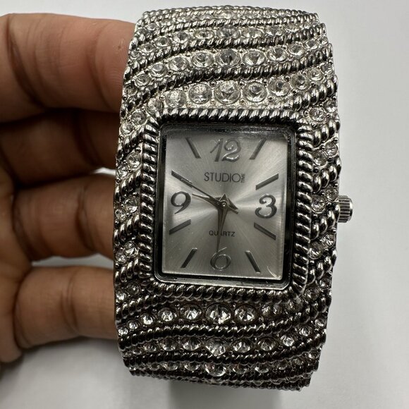 3/$30 Studio Time Watch Women Silver Wide Clamper Band Rhinestones New Battery - Picture 1 of 11